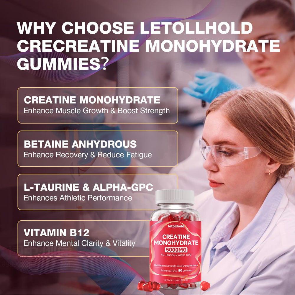 Letollhold creatine gummies bottle label highlights 5g per serving and non-GMO.