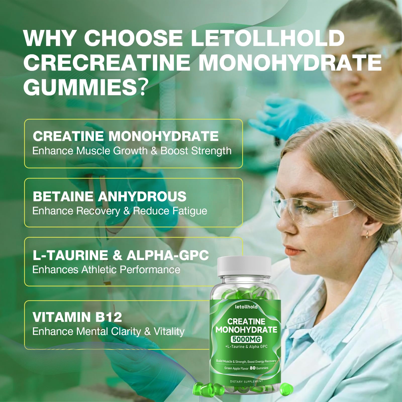 Letollhold Creatine Gummies Green Apple 160ct label highlights on-the-go dosing