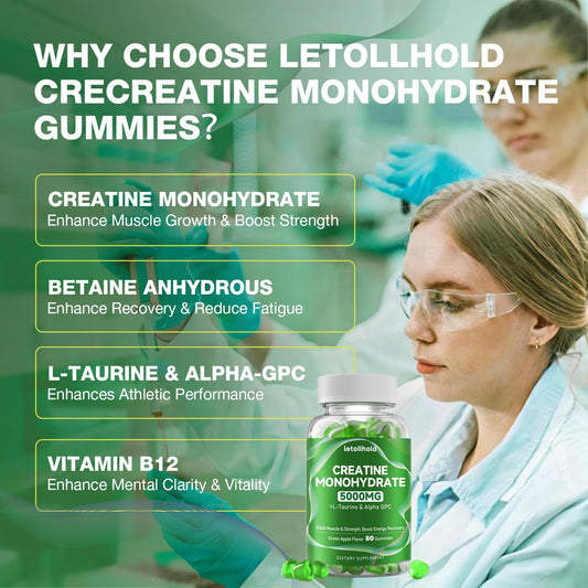 Letollhold Creatine Gummies Green Apple 160ct label highlights on-the-go dosing