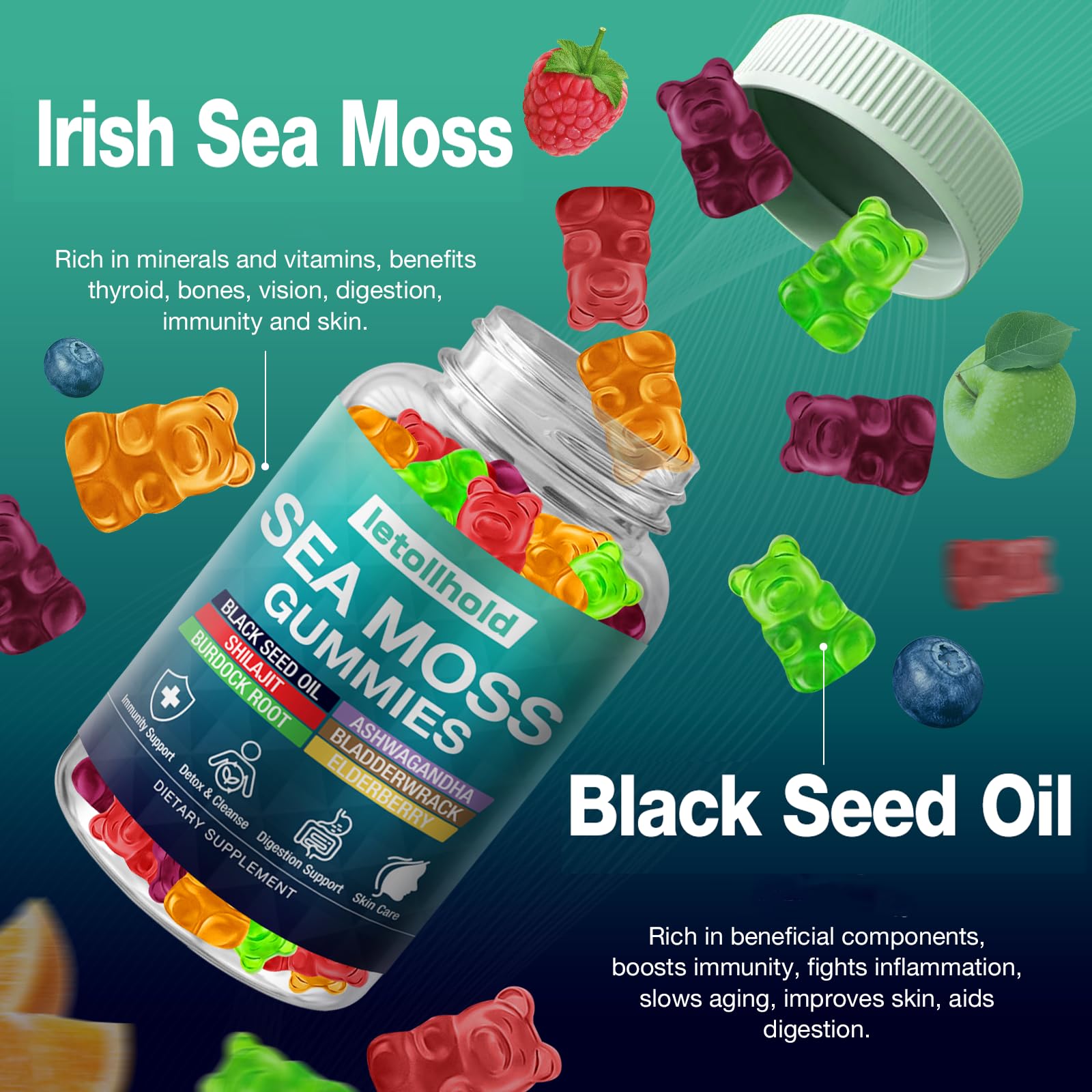 Letollhold Sea Moss Gummies natural ingredients on clean backdrop promote wellness.