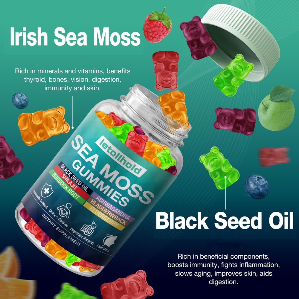 Letollhold Sea Moss Gummies natural ingredients on clean backdrop promote wellness.