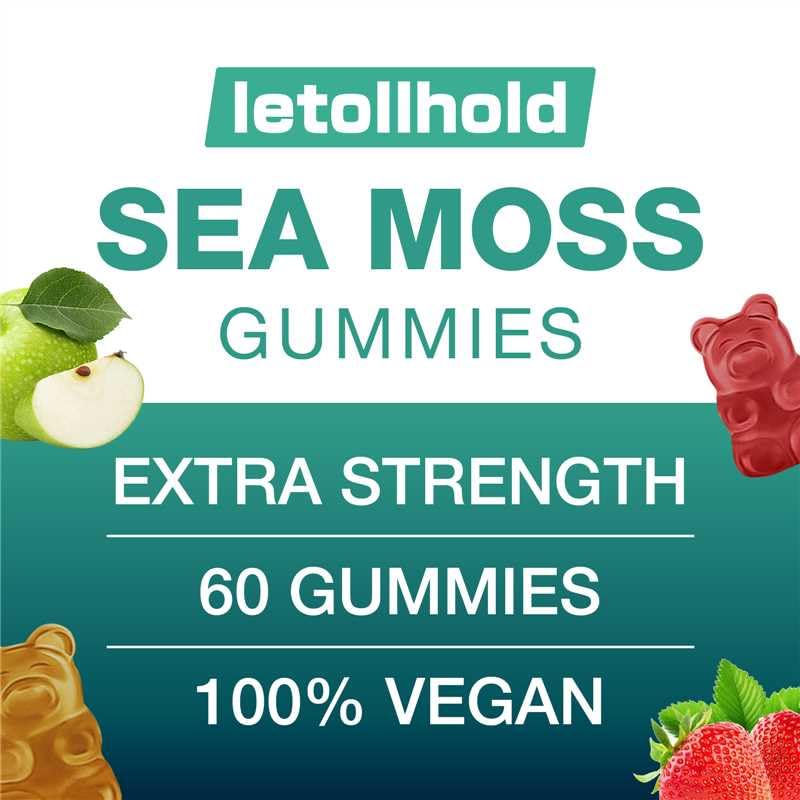 Letollhold Sea Moss Gummies packaging highlights vegan, clean label.