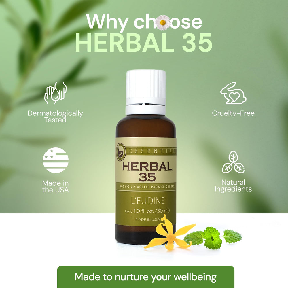 L’EUDINE Herbal 35 bottle beside chamomile and peppermint notes.