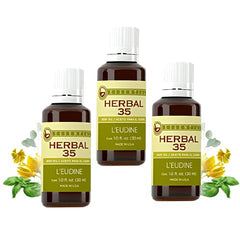 L’EUDINE Herbal 35 essential oil bottle close-up for calming aromatherapy and tension relief.