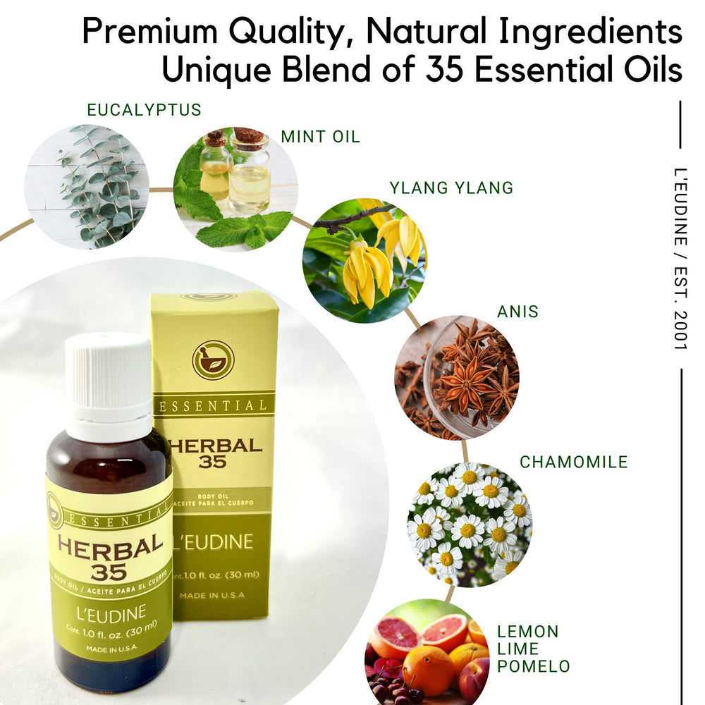 L’EUDINE Herbal 35 ingredients close-up highlighting 35-oil synergy.