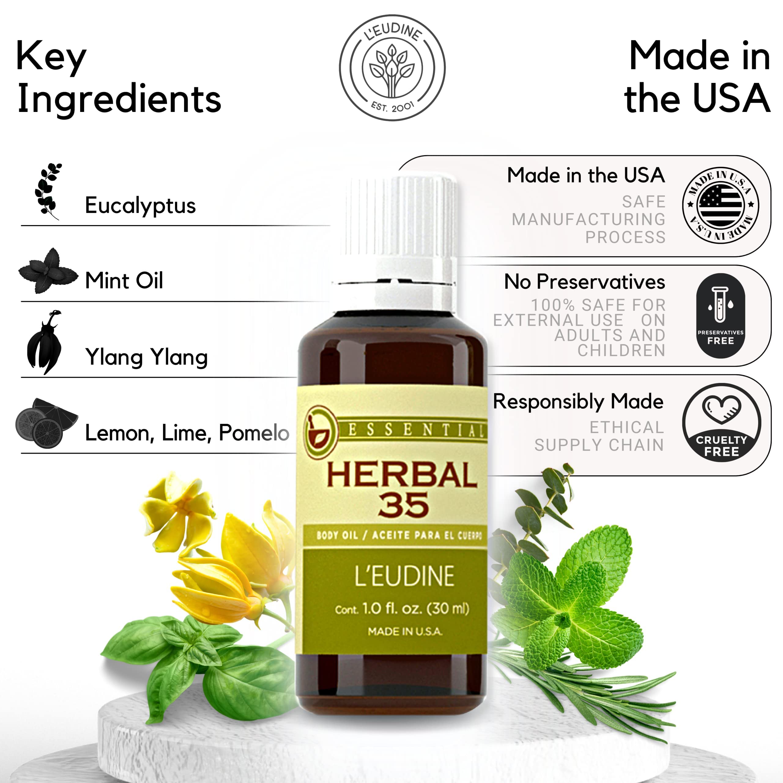 L’EUDINE Herbal 35 relaxing massage oil drop ready for neck and temples.