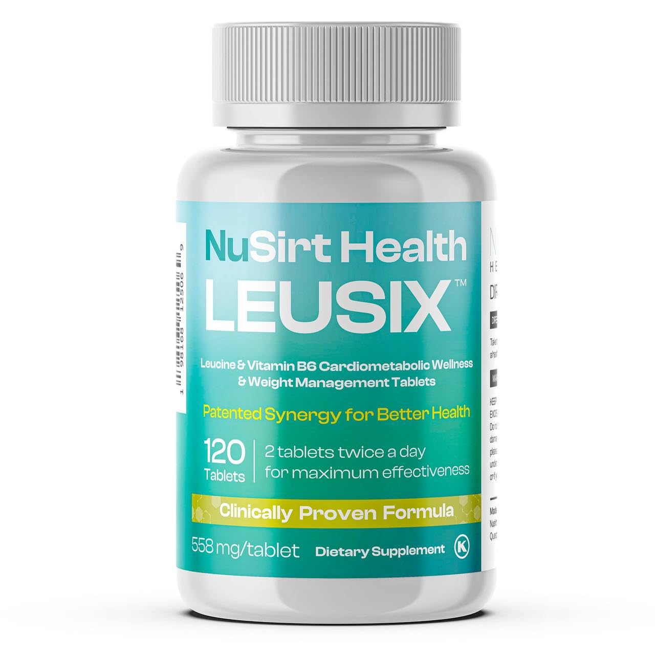 LEUSIX weight management supplement bottle close-up showing tablets for daily use.