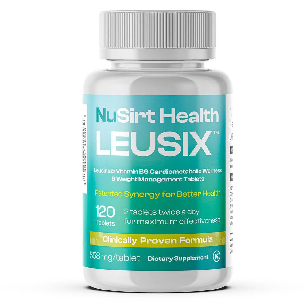 LEUSIX weight management supplement bottle close-up showing tablets for daily use.