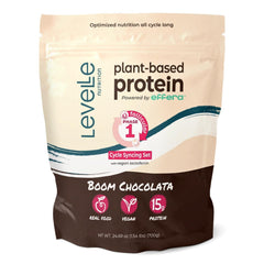 Levelle Boom Chocolata powder canister providing clean plant-based protein for steady energy.