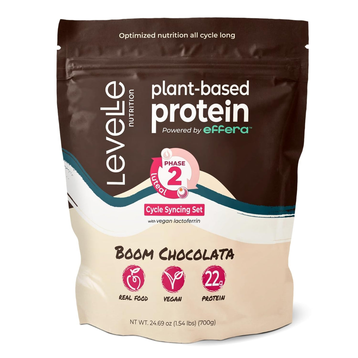 Levelle Boom Chocolata tub close-up shows rich plant-based protein powder texture for post-workout recovery.