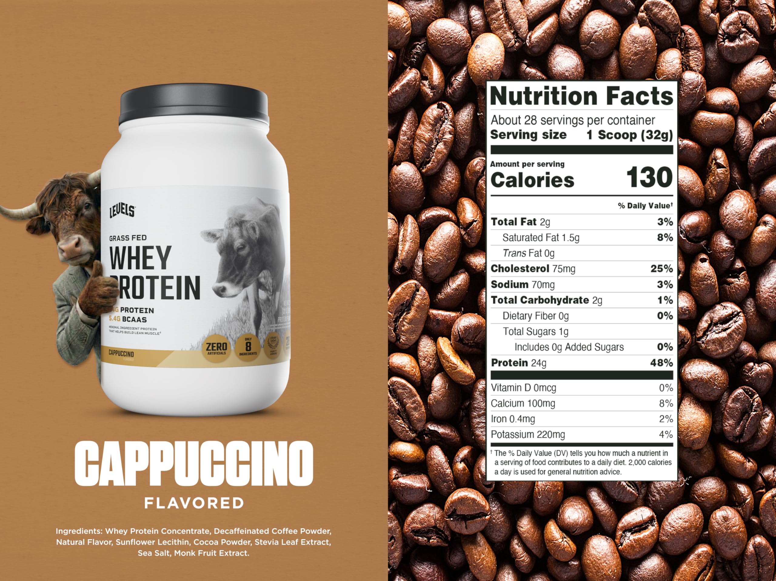 Levels cappuccino whey close-up foam, creamy texture from real coffee.