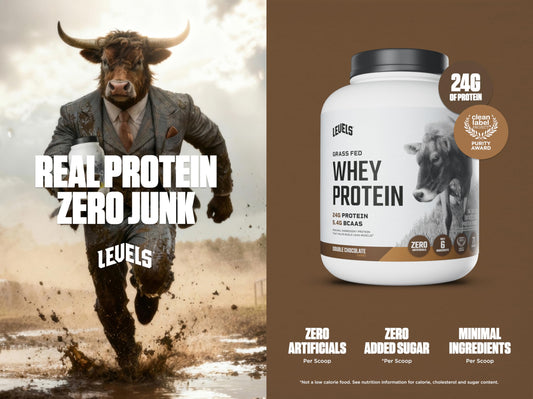 Levels Double Chocolate whey powder being poured for a smooth shake.