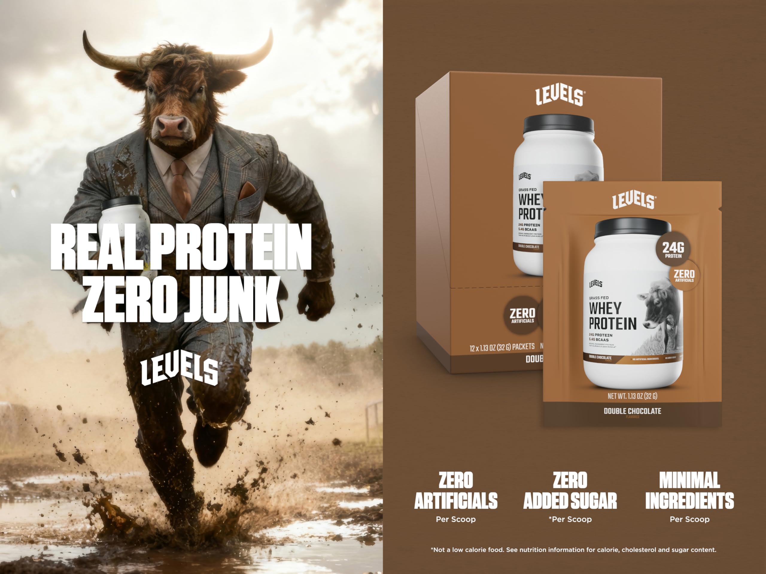 Levels Double Chocolate whey scoop showing 24g protein per serving.