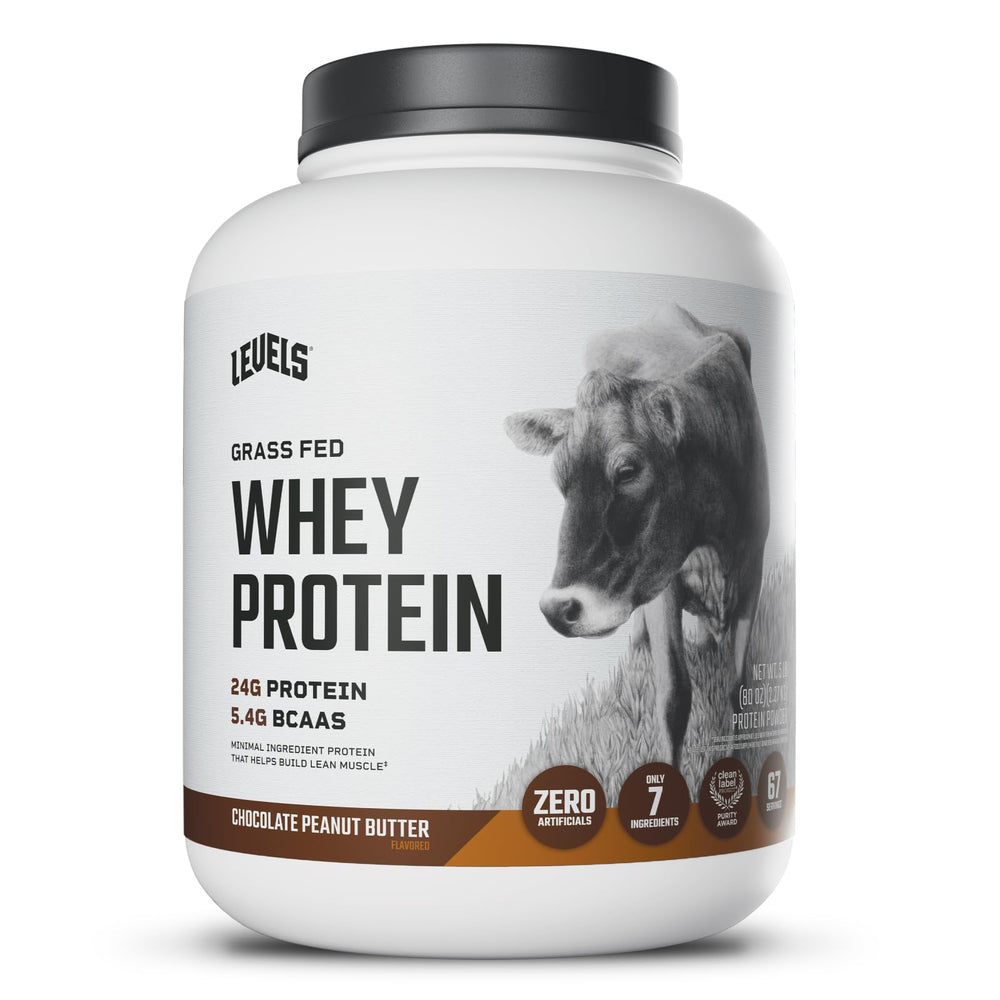 Levels Grass Fed Whey canister on display for premium protein
