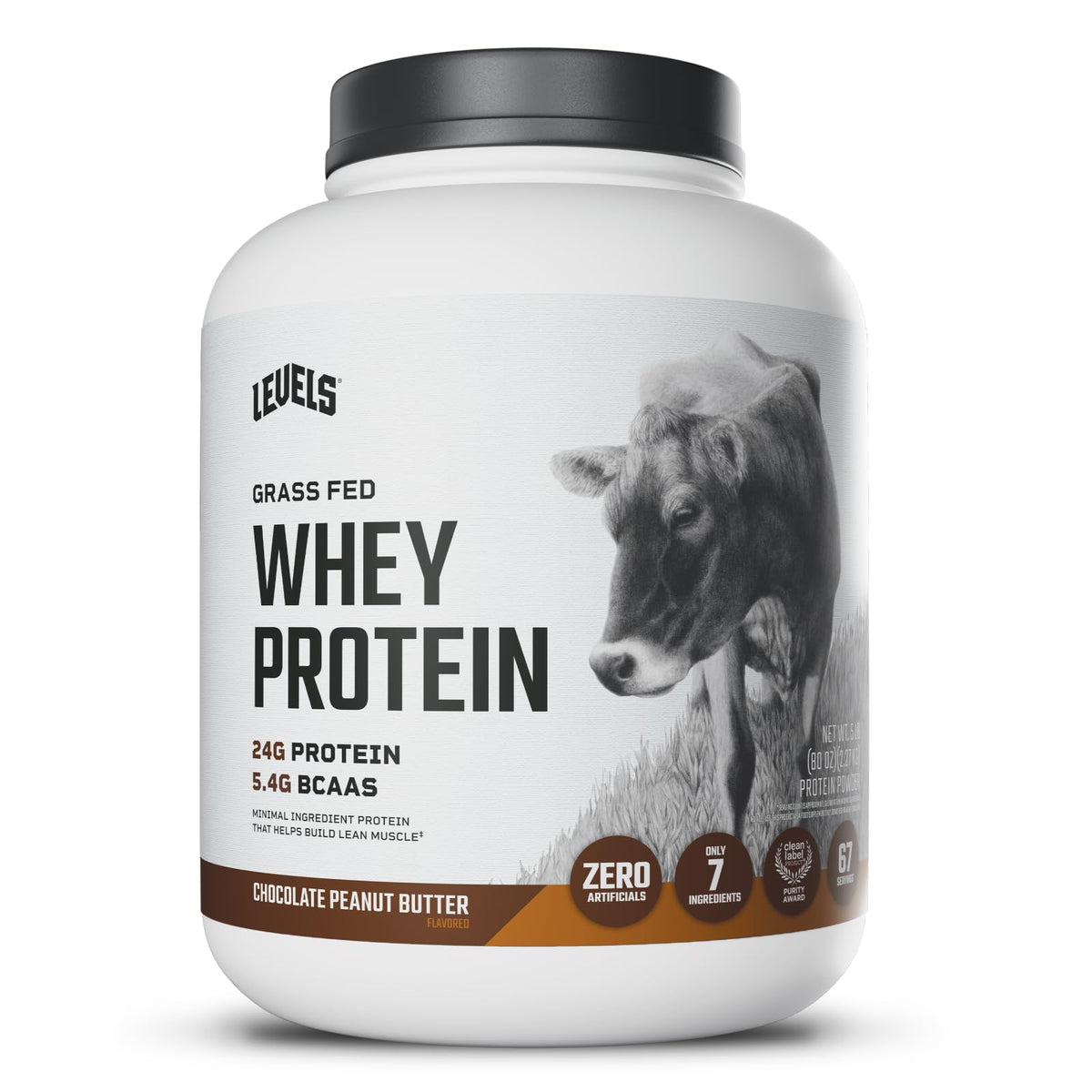 Levels Grass Fed Whey canister on display for premium protein