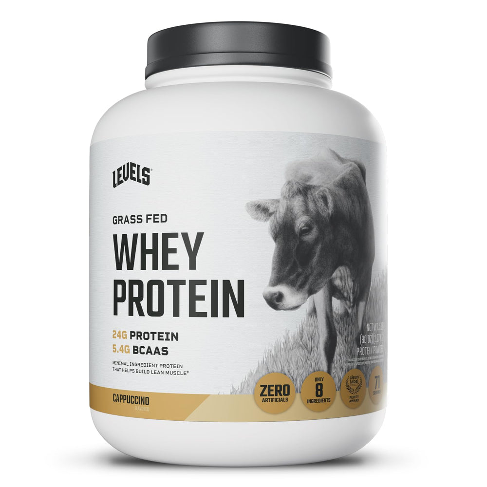 Levels Grass Fed Whey Cappuccino Powder boosts protein in quick shakes.