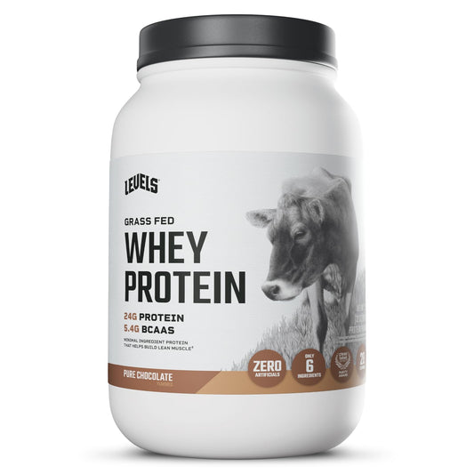 Levels Grass Fed Whey bottle highlights clean protein profile for training days