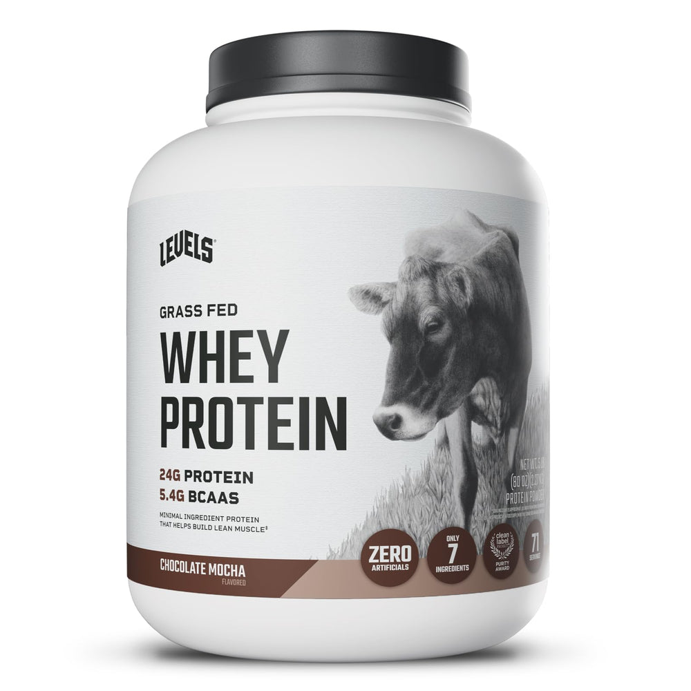 Levels Grass-Fed Whey packaging highlights clean ingredients and quality dairy