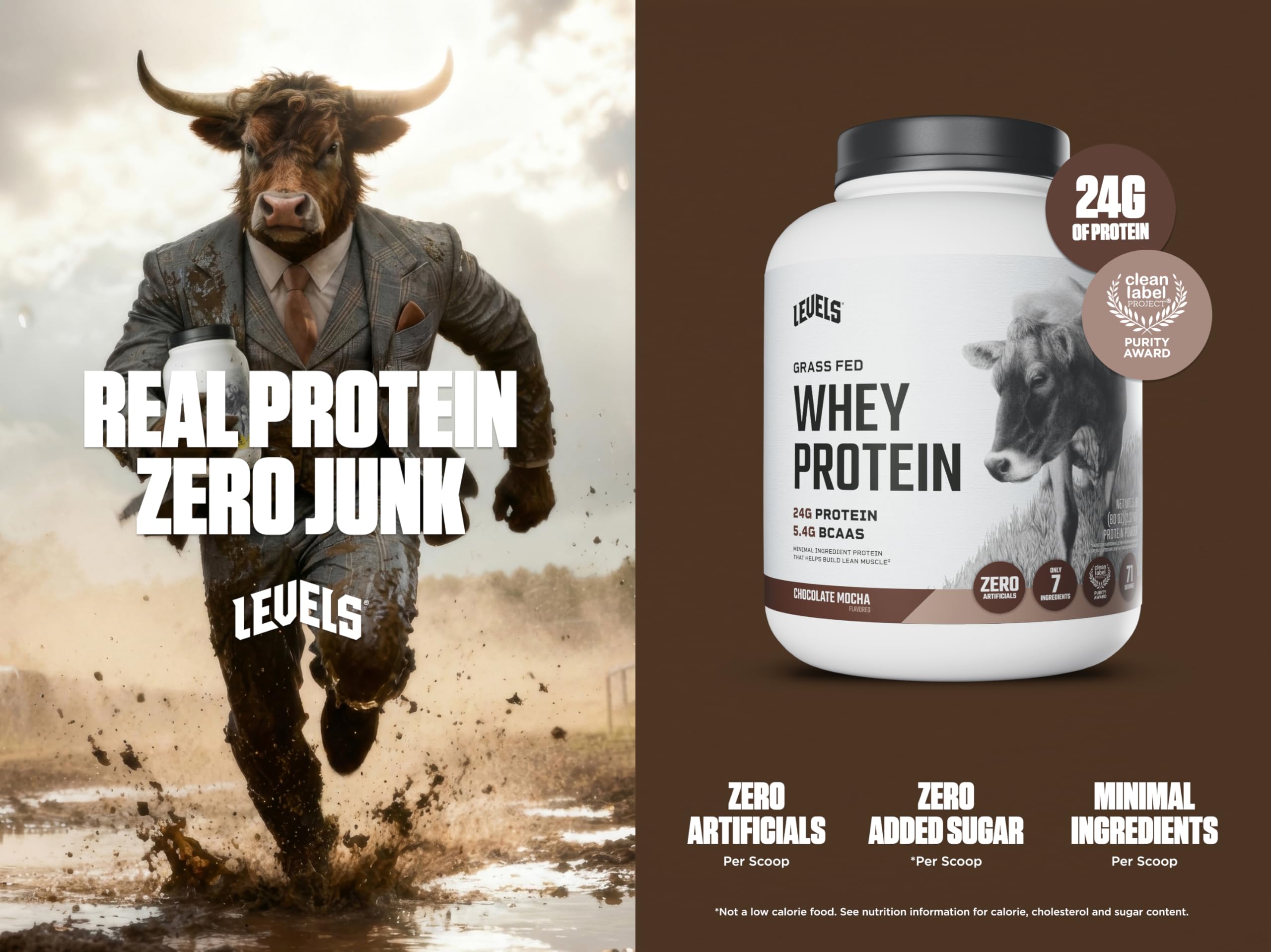 Levels Grass-Fed Whey scoop shows 24g protein per serving