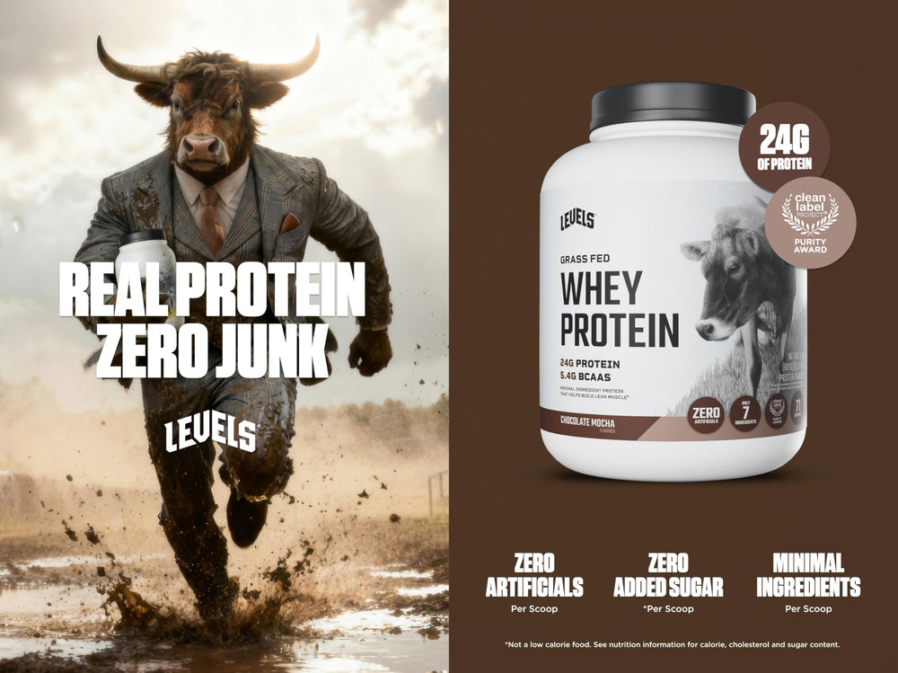 Levels Grass-Fed Whey scoop shows 24g protein per serving