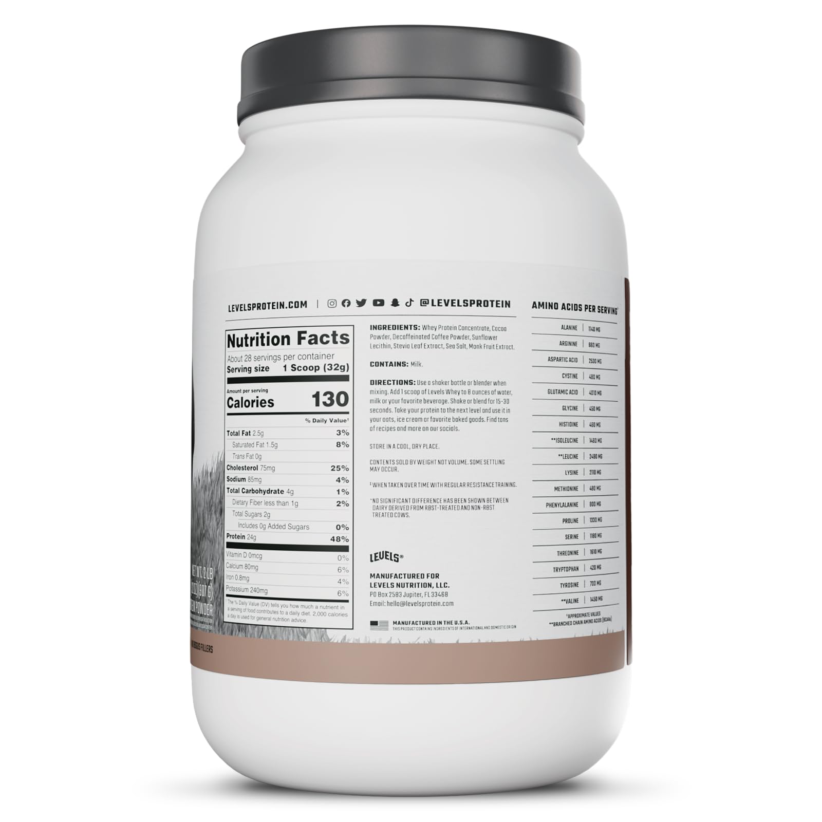Levels Grass Fed Whey Protein ingredients panel highlighting quality for informed choices