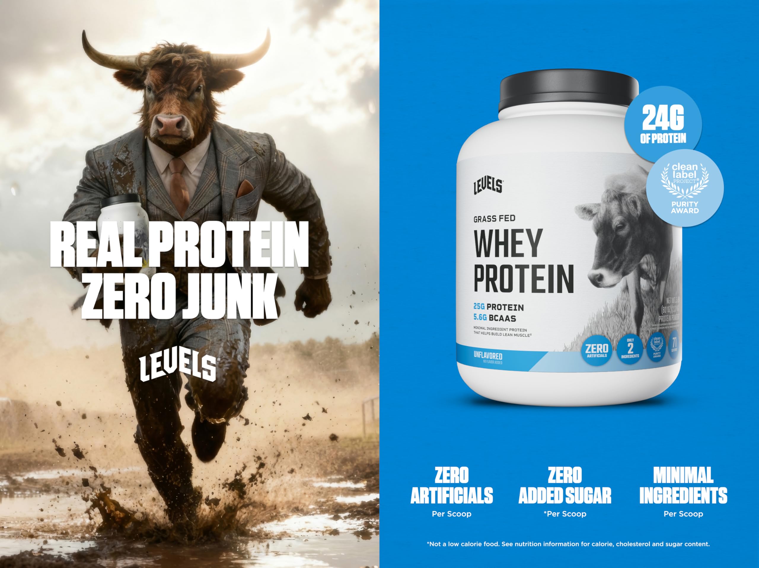 Levels grass-fed whey protein label close-up showing 25g per scoop