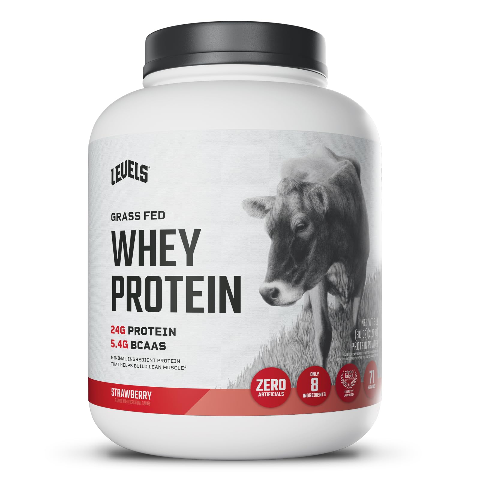 Levels Grass-Fed Whey Protein Powder Strawberry in a 5 lb bag for shakes.
