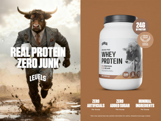 Levels Grass Fed Whey protein scoop shows 24 g protein per serving