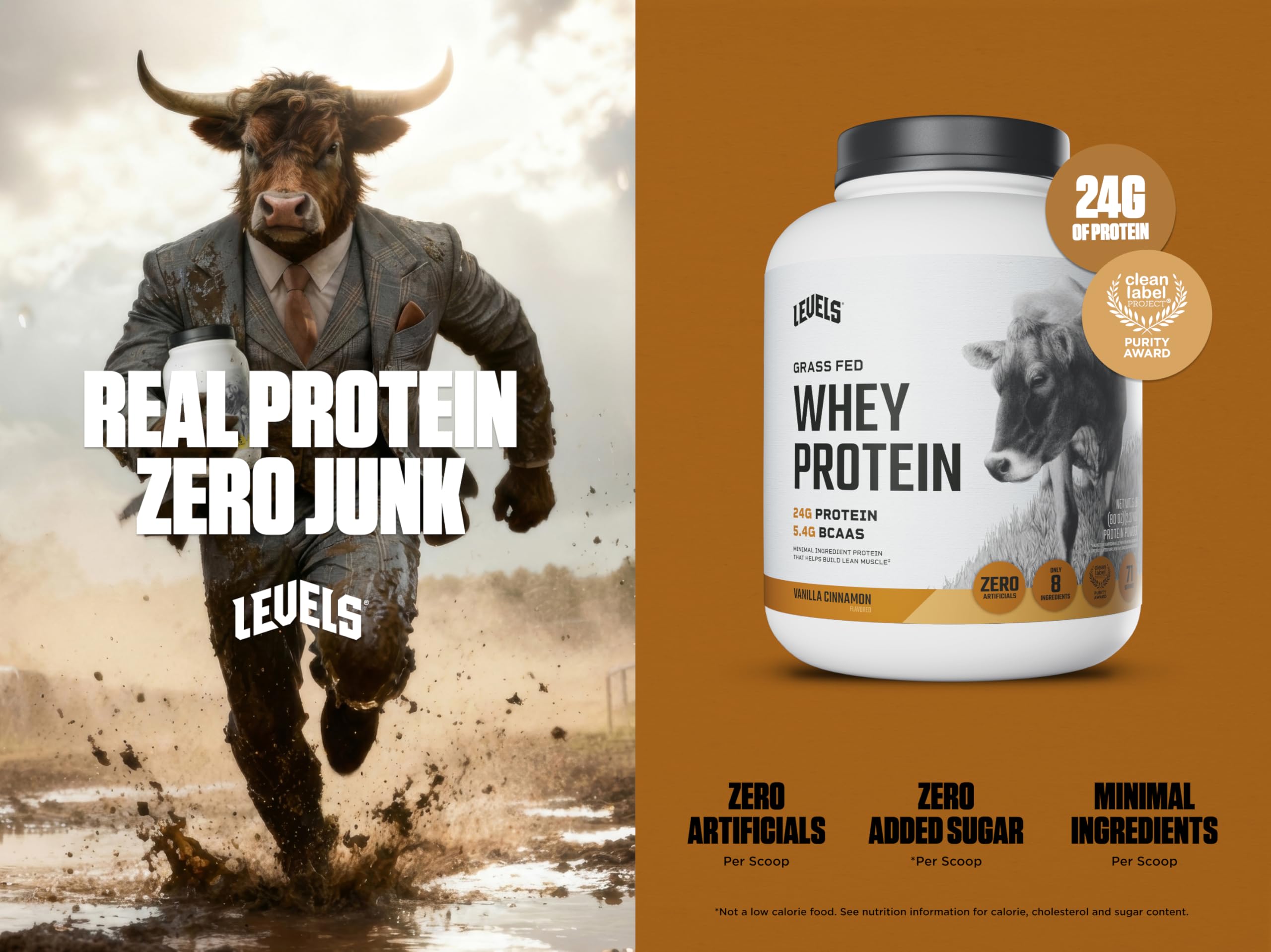 Levels Grass-Fed Whey Protein Vanilla Cinnamon label emphasizes no artificial flavors or sugars.