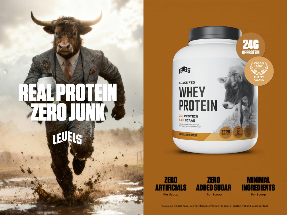 Levels Grass-Fed Whey Protein Vanilla Cinnamon label emphasizes no artificial flavors or sugars.