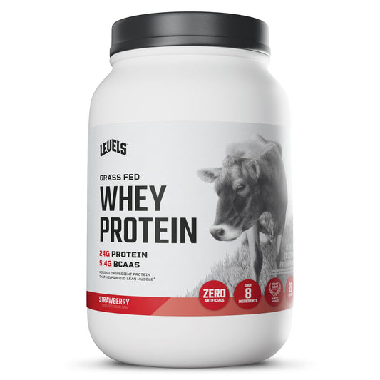 Levels Grass Fed Whey Strawberry bottle emphasizes clean ingredients for daily protein fueling