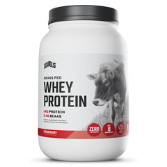 Levels Grass Fed Whey Strawberry bottle emphasizes clean ingredients for daily protein fueling