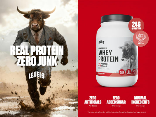 Levels Strawberry whey scoop highlights 24g protein per serving for daily fueling