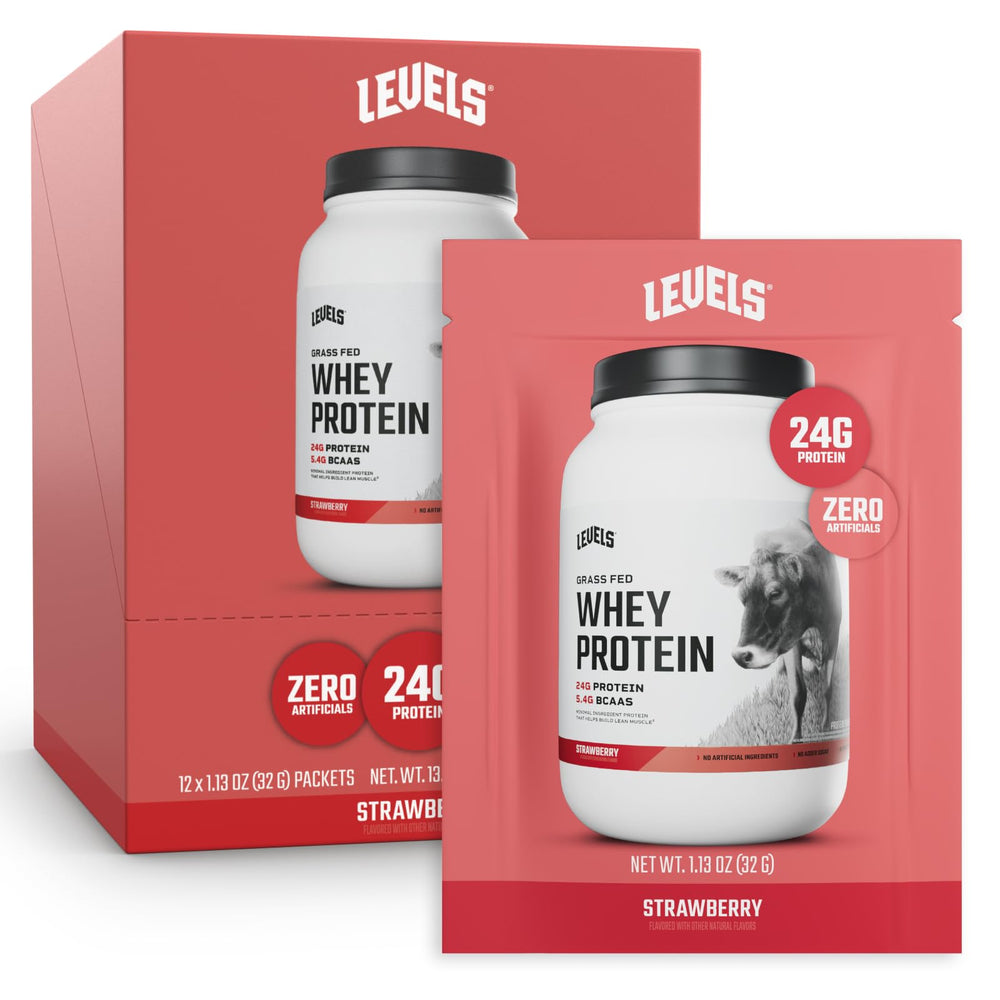 Levels Grass-Fed Whey Strawberry tub showing 24g protein per serving.