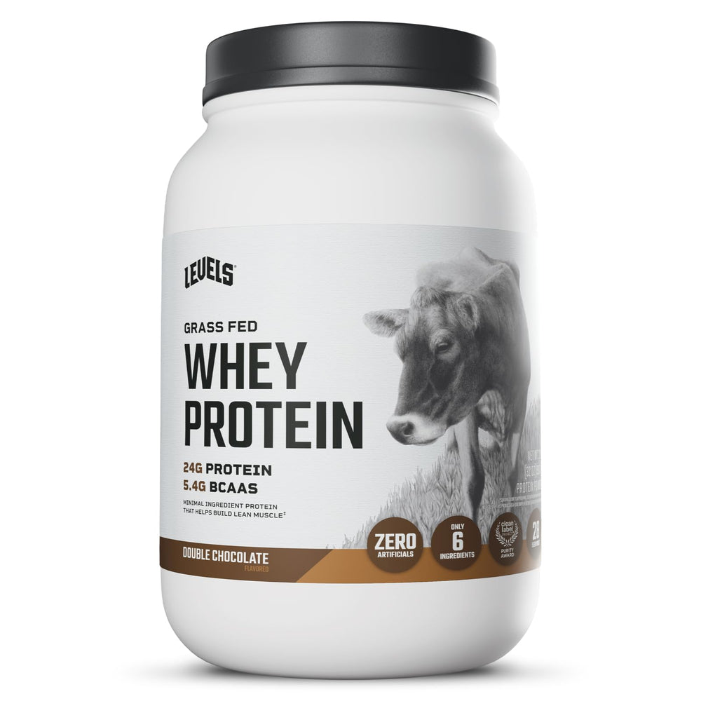 Levels Grass Fed Whey Protein tub front with double chocolate flavor for post-workout support