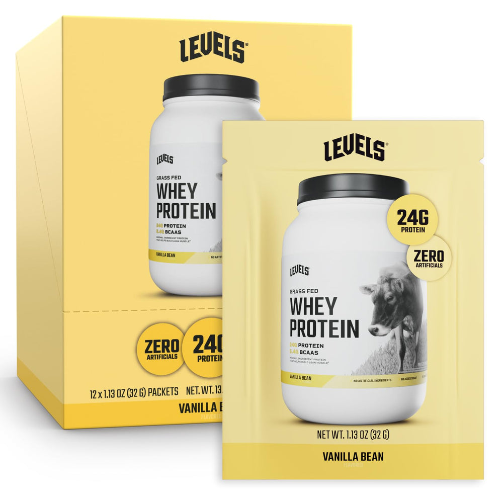 Levels Grass Fed Whey Vanilla Bean container with a clean label