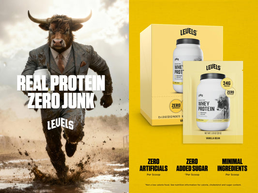 Levels Grass Fed Whey Vanilla Bean label closeup highlighting nutrition