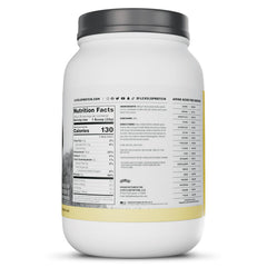 Levels Grass Fed Whey Vanilla bottle and cup on a clean kitchen counter.