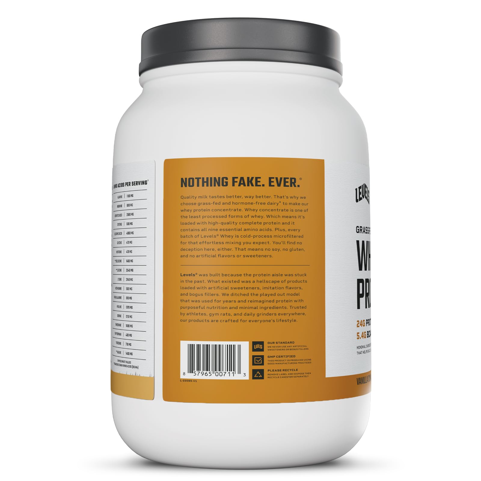 Levels Grass-Fed Whey Vanilla Cinnamon close-up label shows clean ingredients.