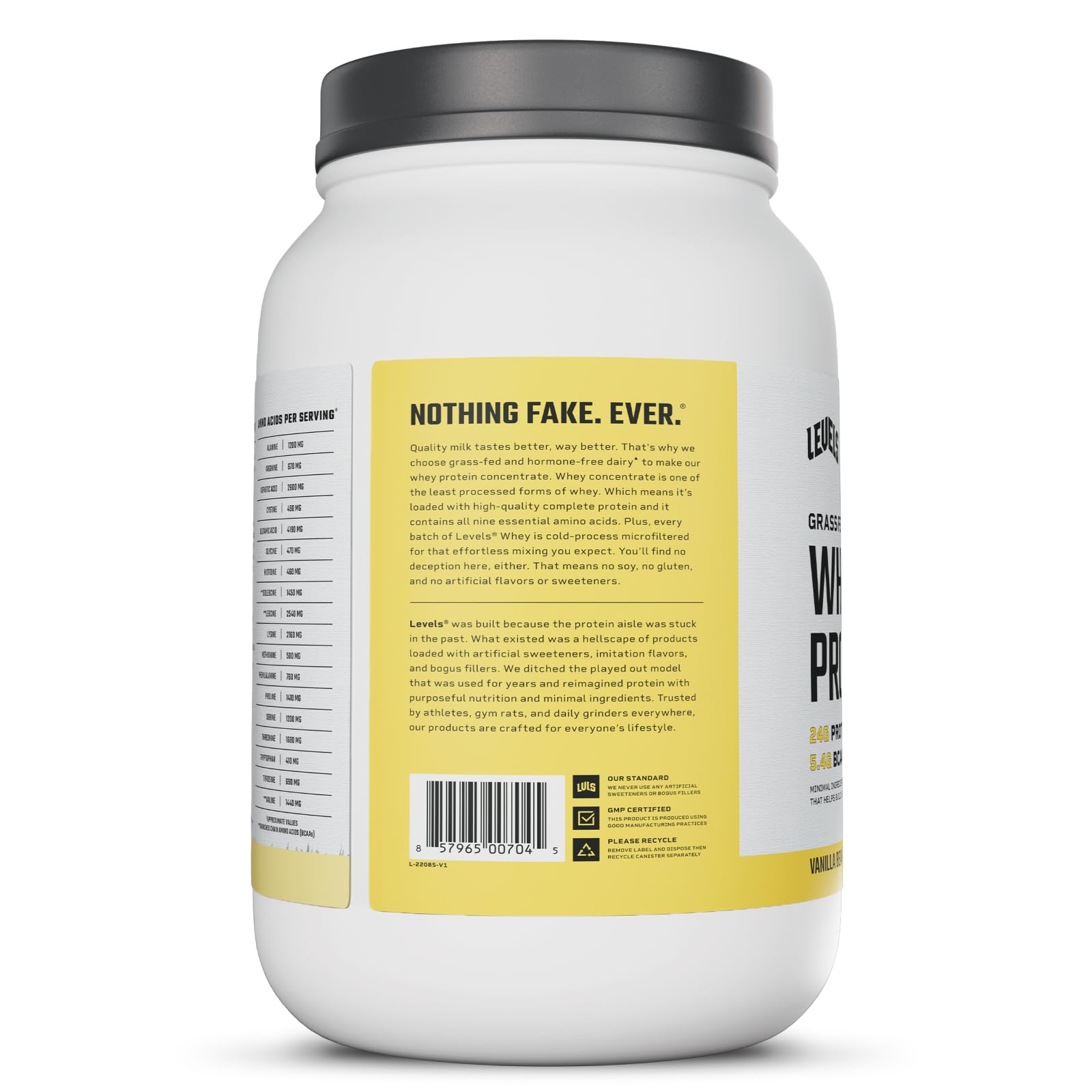 Levels Grass Fed Whey Vanilla nutrition facts panel framing image.