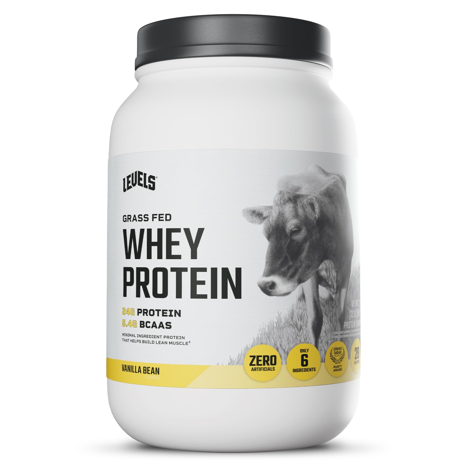 Levels Grass Fed Whey Vanilla tub front showing a clean label for premium protein.