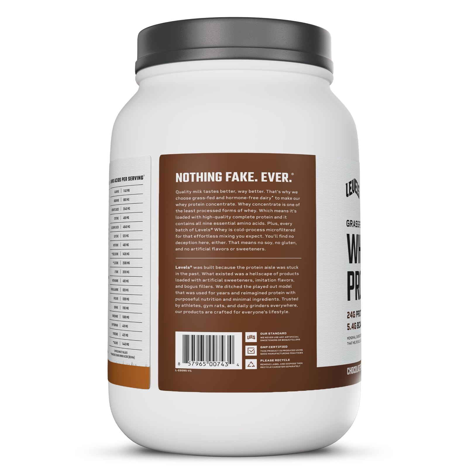 Levels ingredient list featuring monk fruit and non-GMO lecithin for mixability.