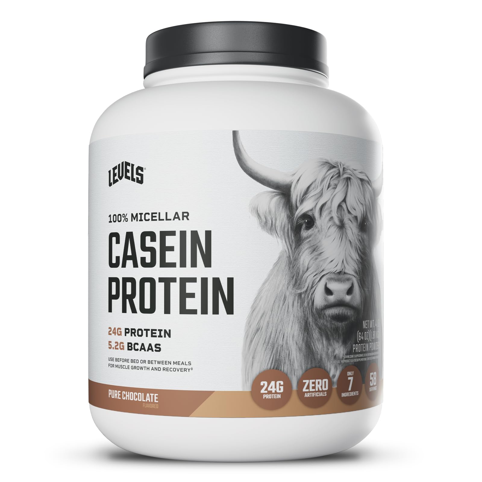 Levels Nutrition micellar casein chocolate powder for steady protein release.