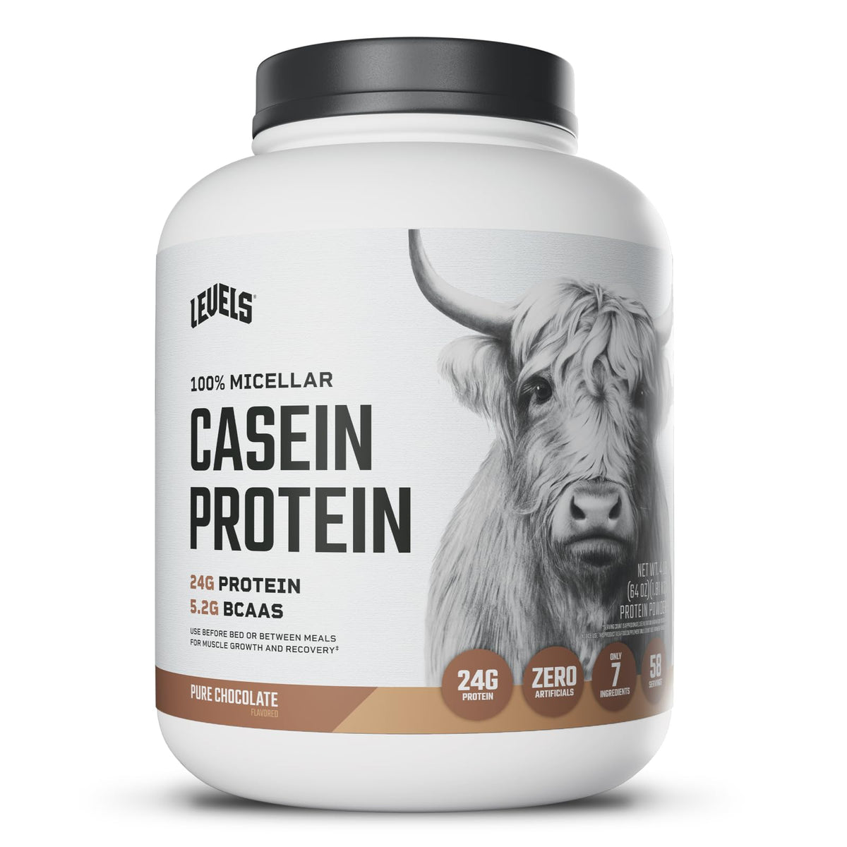 Levels Nutrition micellar casein chocolate powder for steady protein release.