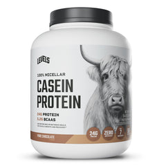 Levels Nutrition micellar casein chocolate powder for steady protein release.