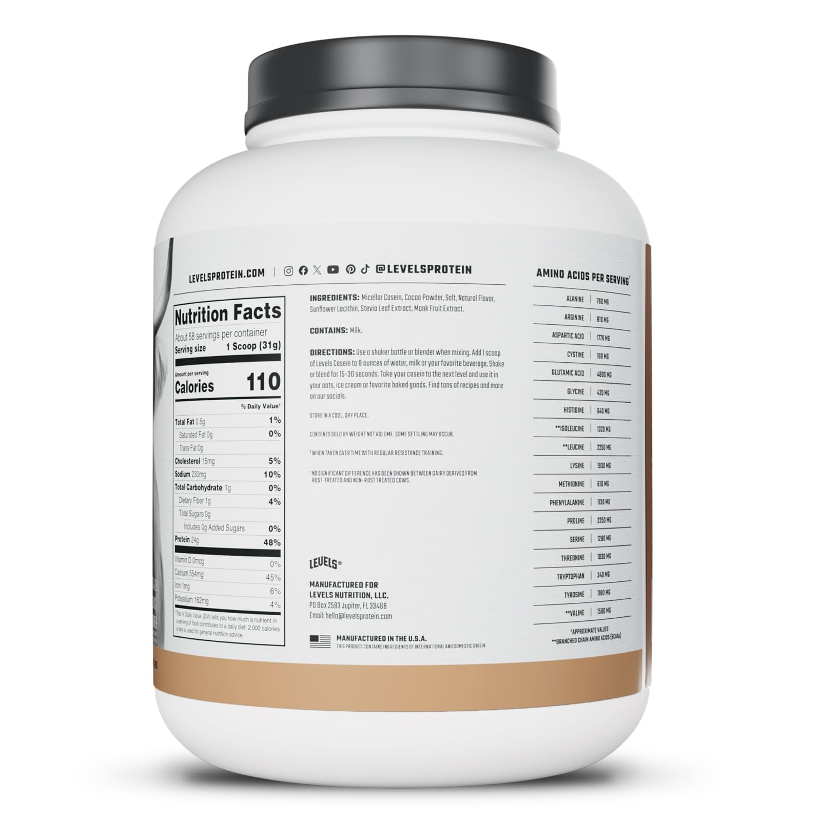 Packaging emphasizes no artificial flavors or fillers from Levels Nutrition.