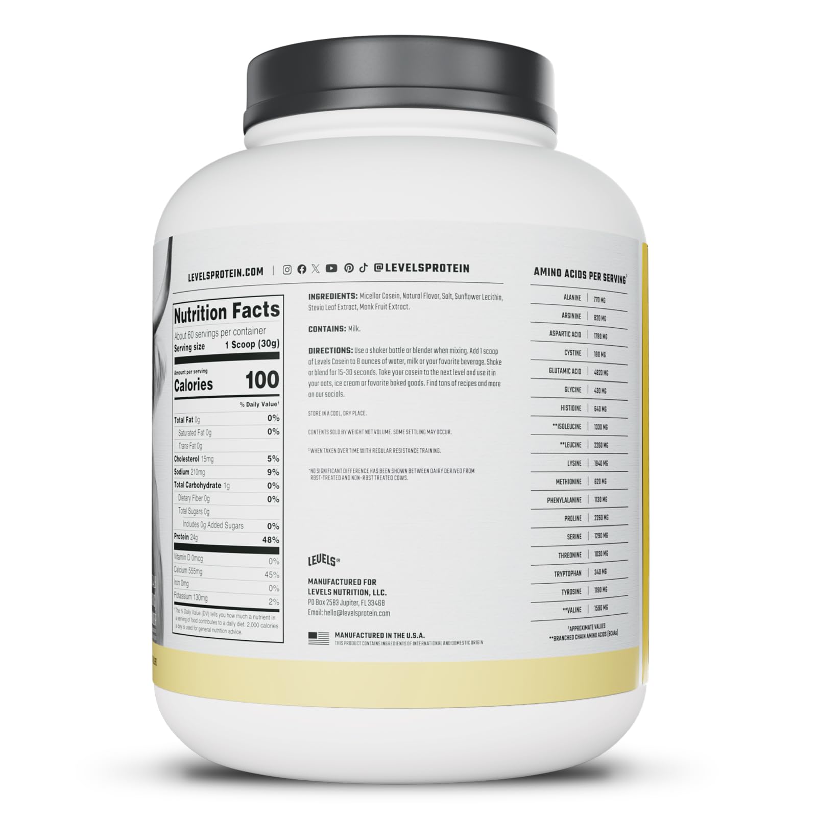 Levels Nutrition Vanilla Bean Casein jar on counter with clean label