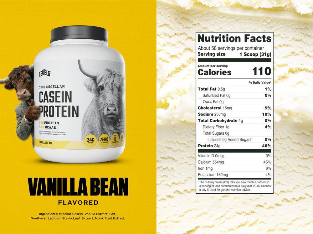Levels Nutrition Vanilla Bean Casein shaker with mixed drink for slow release protein
