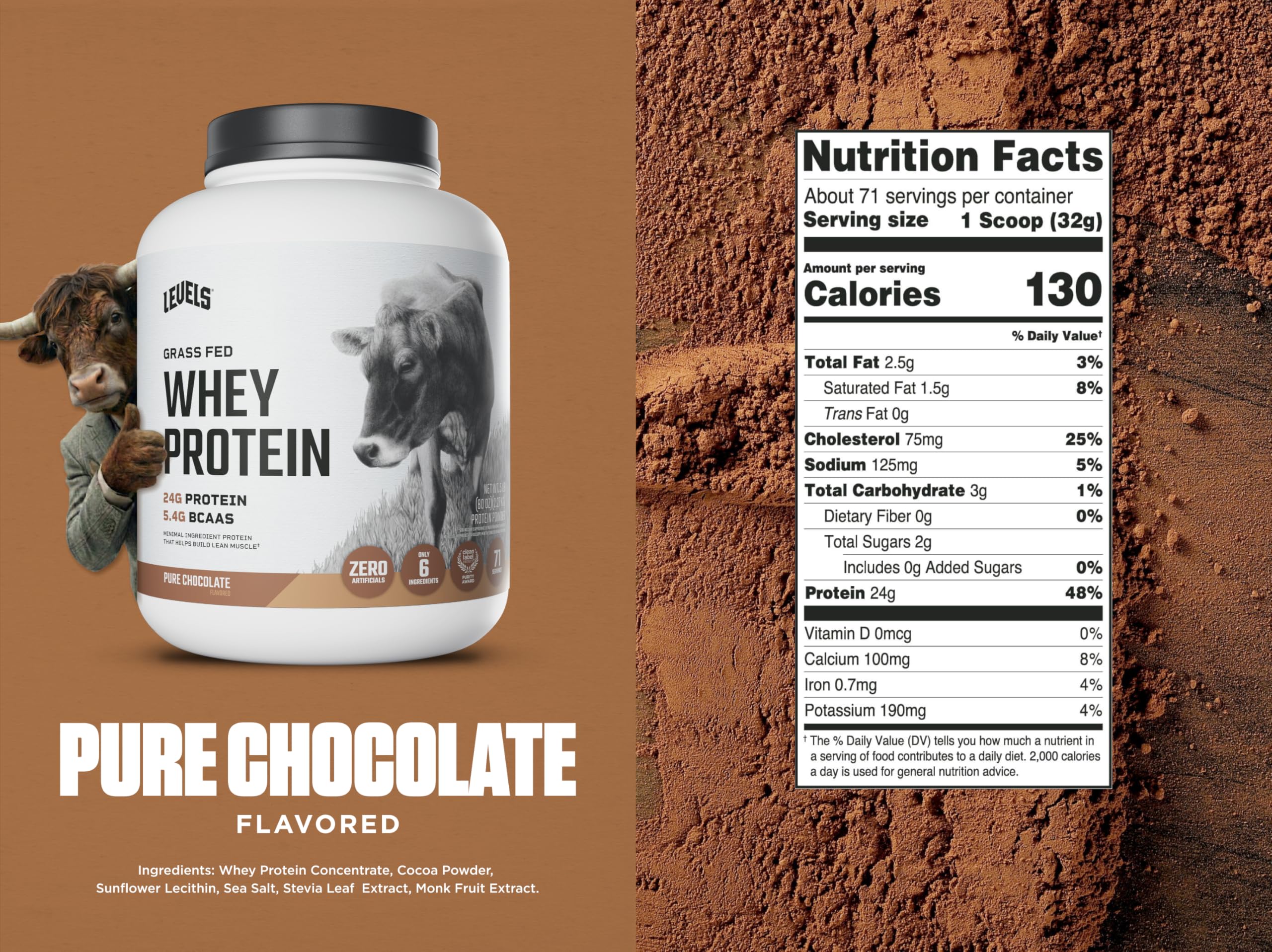 Levels Pure Chocolate whey powder close-up showing natural cacao flavor.