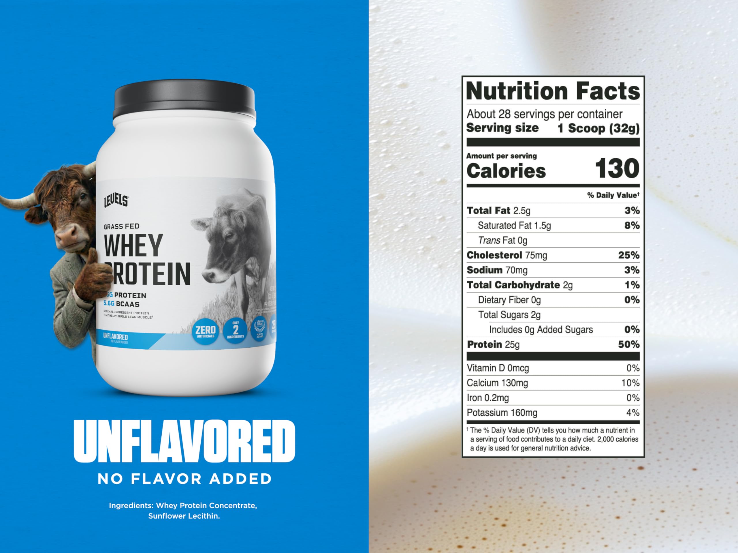Levels unflavored whey powder mixing into shake with ease